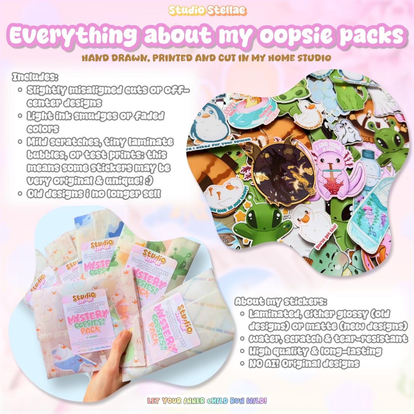 Oopsie Mystery Sticker Pack B-Grade | Colorful Kawaii Sticker Grab Bag | Imperfect Stickers Bundle