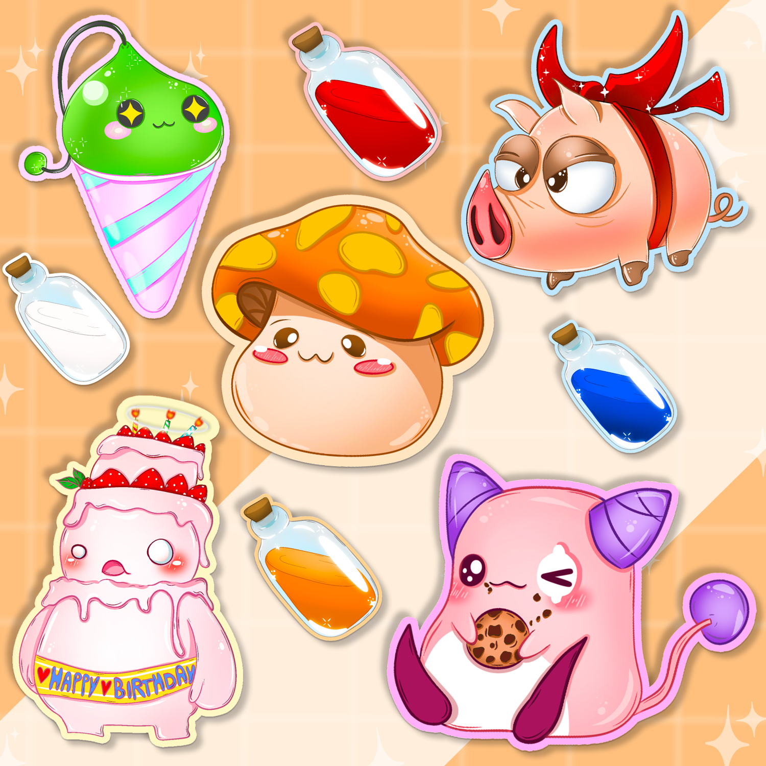A set of cute cartoon birthday-themed stickers or decals on a warm beige background. The designs include a green ice cream cone, red potion bottle, pig character with a red bandana, mushroom character, milk bottle, orange potion bottle, pink birthday cake, and a pink cat eating a cookie.