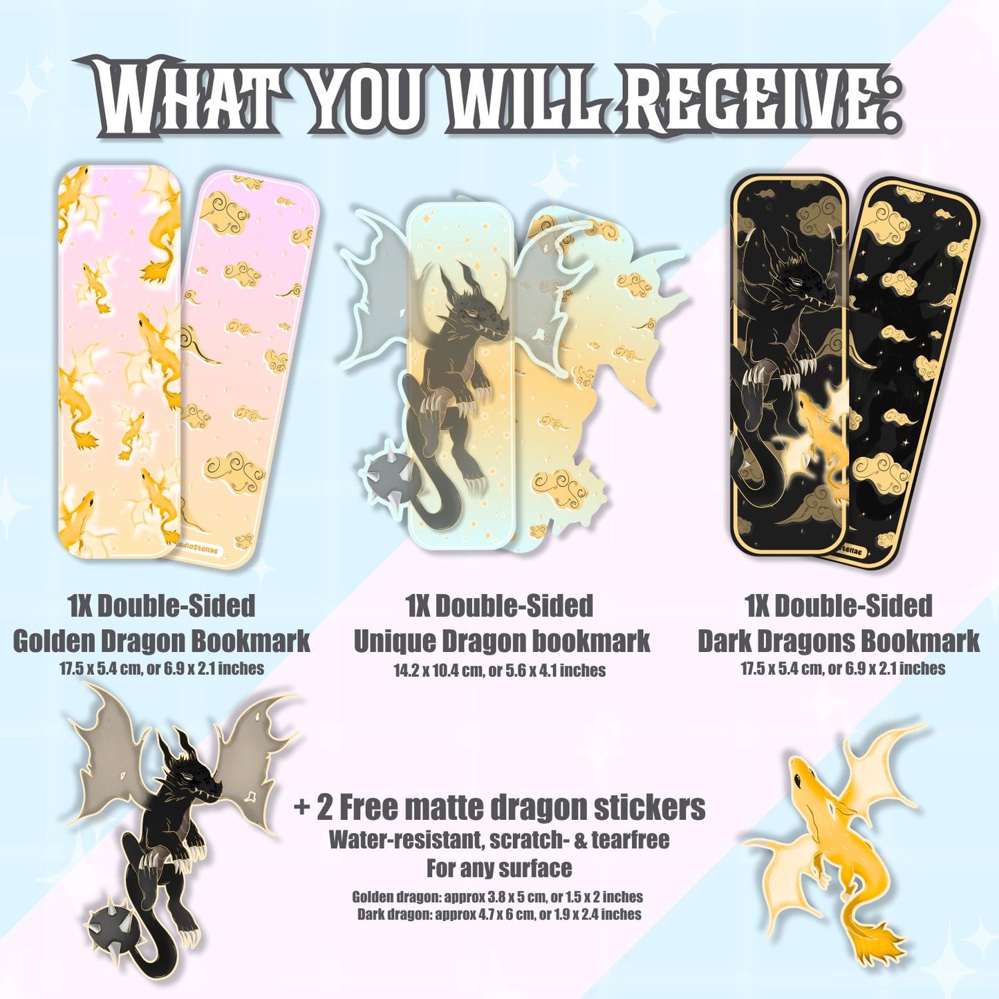 Flat lay of the complete bundle arranged neatly on a light, clean background, showing three double-sided dragon bookmarks and two matching stickers. Each item is spaced out to clearly display differences in color, illustration, and size. This overview image helps buyers quickly understand what is included, how many pieces they receive, and how the designs vary within the set.