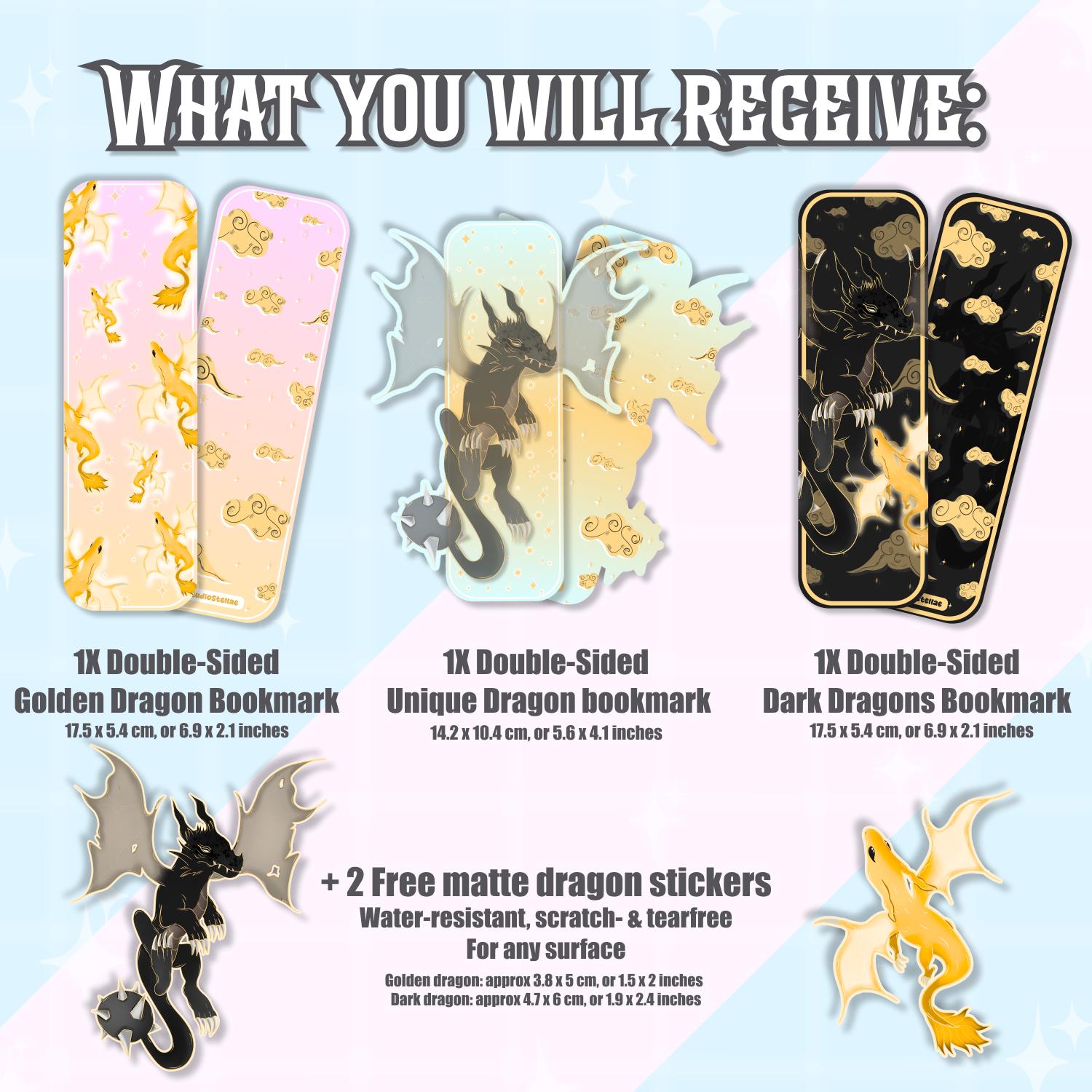 Flat lay of the complete bundle arranged neatly on a light, clean background, showing three double-sided dragon bookmarks and two matching stickers. Each item is spaced out to clearly display differences in color, illustration, and size. This overview image helps buyers quickly understand what is included, how many pieces they receive, and how the designs vary within the set.