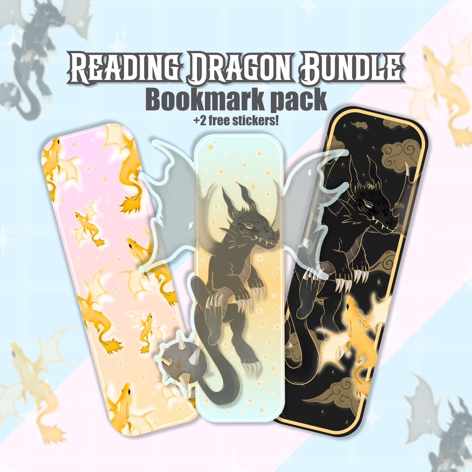 Three dragon bookmarks displayed side by side against a soft, neutral background, featuring pastel pink, light blue, and deep black celestial color palettes with subtle gold accents. Each bookmark has a unique dragon illustration and a different front and back design. Clean, front-facing product shot that clearly shows size, proportions, shape, and finish, making it easy to compare designs and visualize them as a cohesive set.
