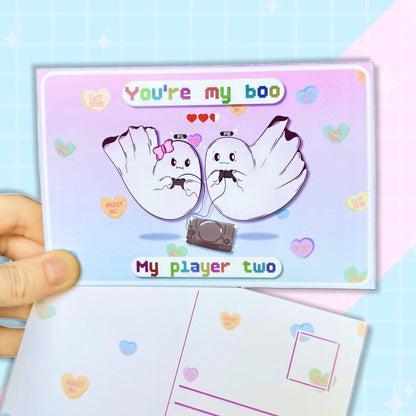 Ghost Couple Illustrated Postcard | Romantic Gamers Art Print | Pastel Pink & Blue Wall Decor | Linen Cardstock