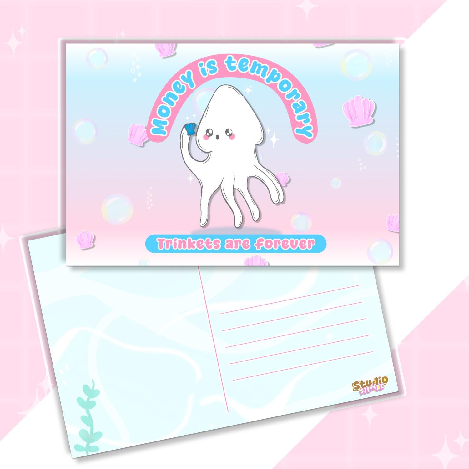 Squid Illustrated Postcard | Money is Temporary, Trinkets are Forever | Pastel Pink & Blue Art Print | Linen Cardstock