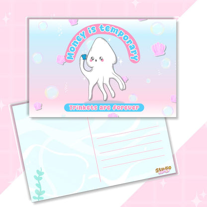 Squid Illustrated Postcard | Money is Temporary, Trinkets are Forever | Pastel Pink & Blue Art Print | Linen Cardstock