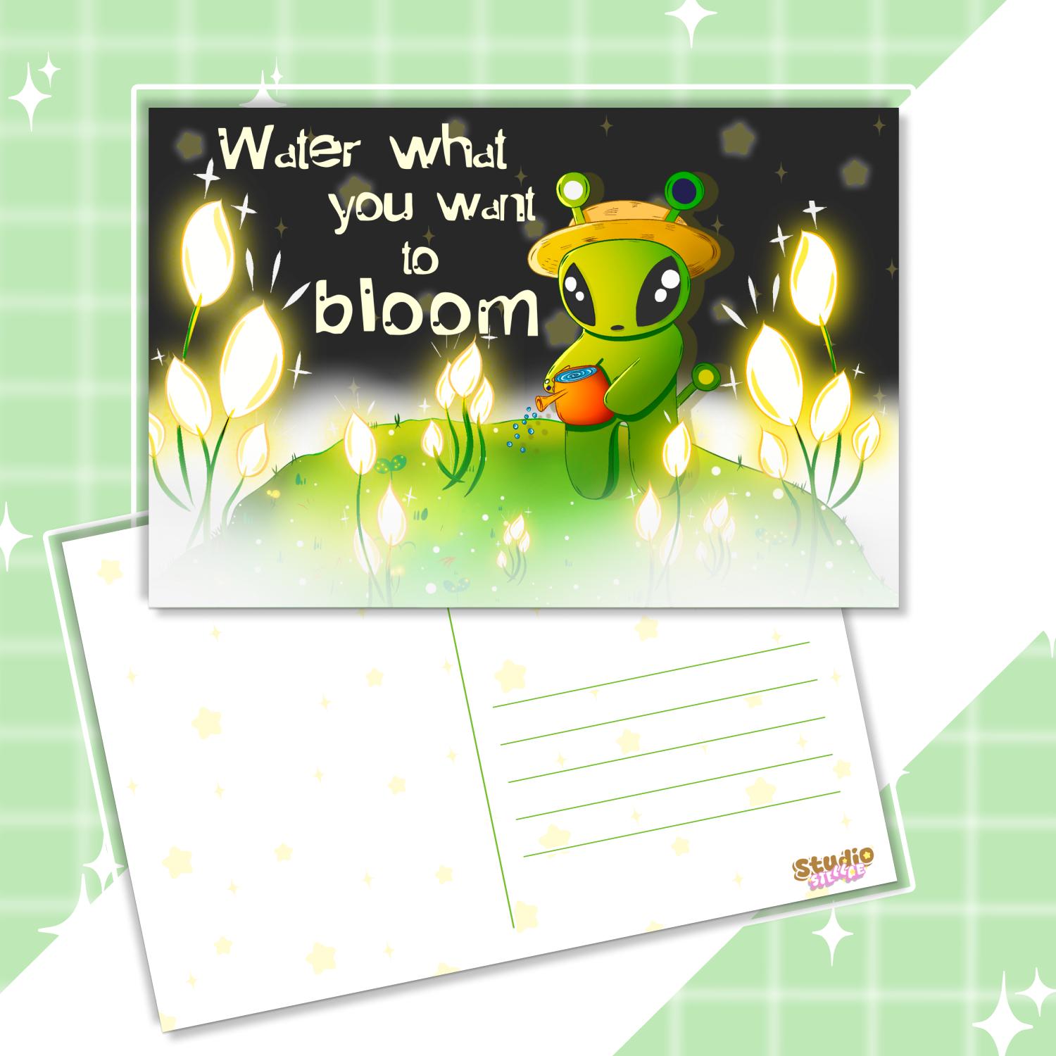 Alien Aftonsparv Postcard | “Water What You Want to Bloom” | Motivational Quote Art Print