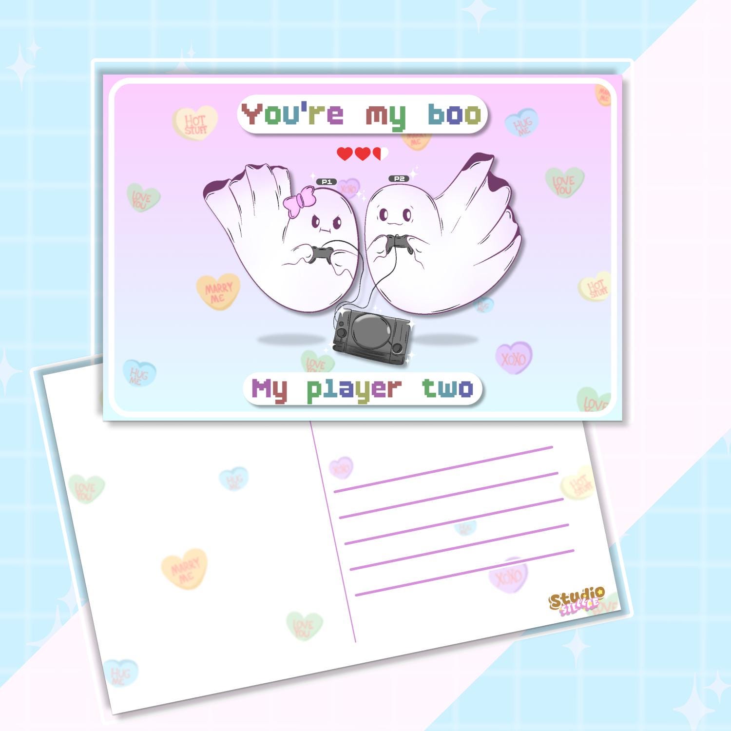 Ghost Couple Illustrated Postcard | Romantic Gamers Art Print | Pastel Pink & Blue Wall Decor | Linen Cardstock