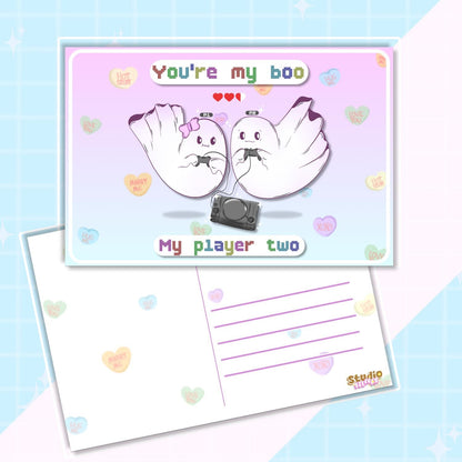 Ghost Couple Illustrated Postcard | Romantic Gamers Art Print | Pastel Pink & Blue Wall Decor | Linen Cardstock