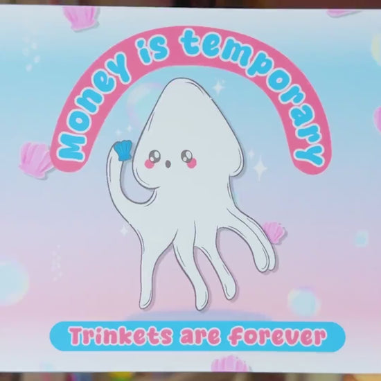 Squid Illustrated Postcard | Money is Temporary, Trinkets are Forever | Pastel Pink & Blue Art Print | Linen Cardstock