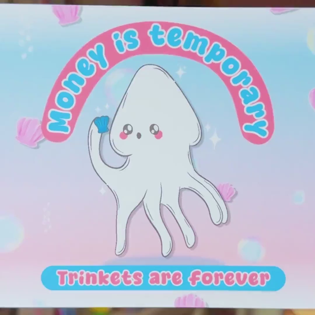Squid Illustrated Postcard | Money is Temporary, Trinkets are Forever | Pastel Pink & Blue Art Print | Linen Cardstock